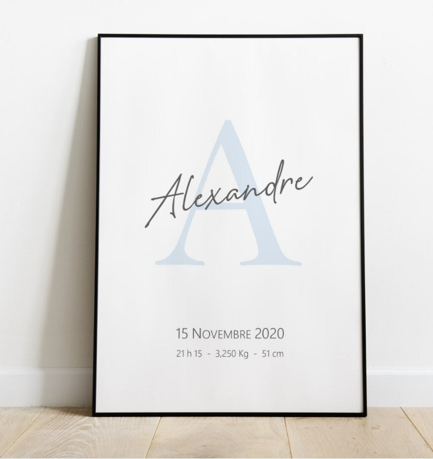 Affiche de naissance Initiale prénom bébé