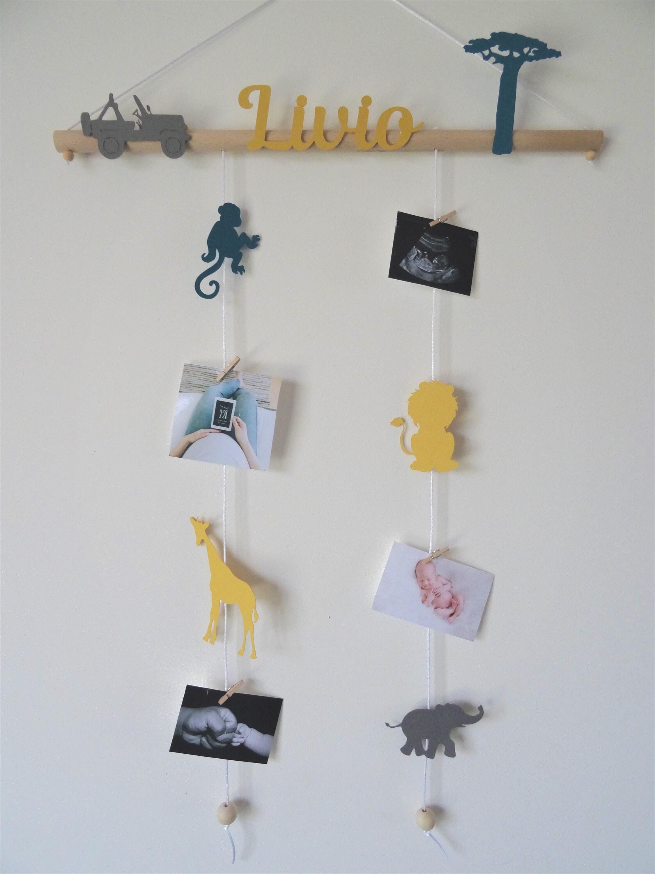 Pêle mêle enfant, mobile porte photos, liste naissance, chambre bébé, savane, jungle, girafe, éléphant, singe, lion,