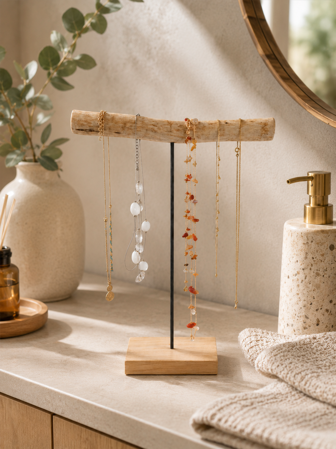 Support à bijoux bois naturel, une tige