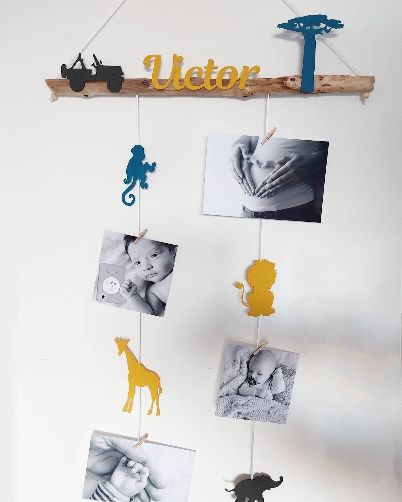 Pêle mêle enfant, mobile porte photos, liste naissance, chambre bébé, savane, jungle, girafe, éléphant, singe, lion,