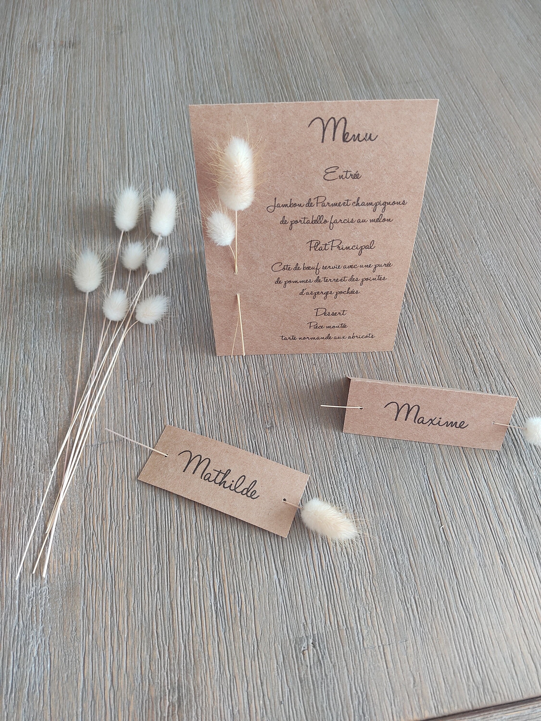 DIY invitation, menu, porte nom, Lagurus, queue de lapin, fleurs séchées