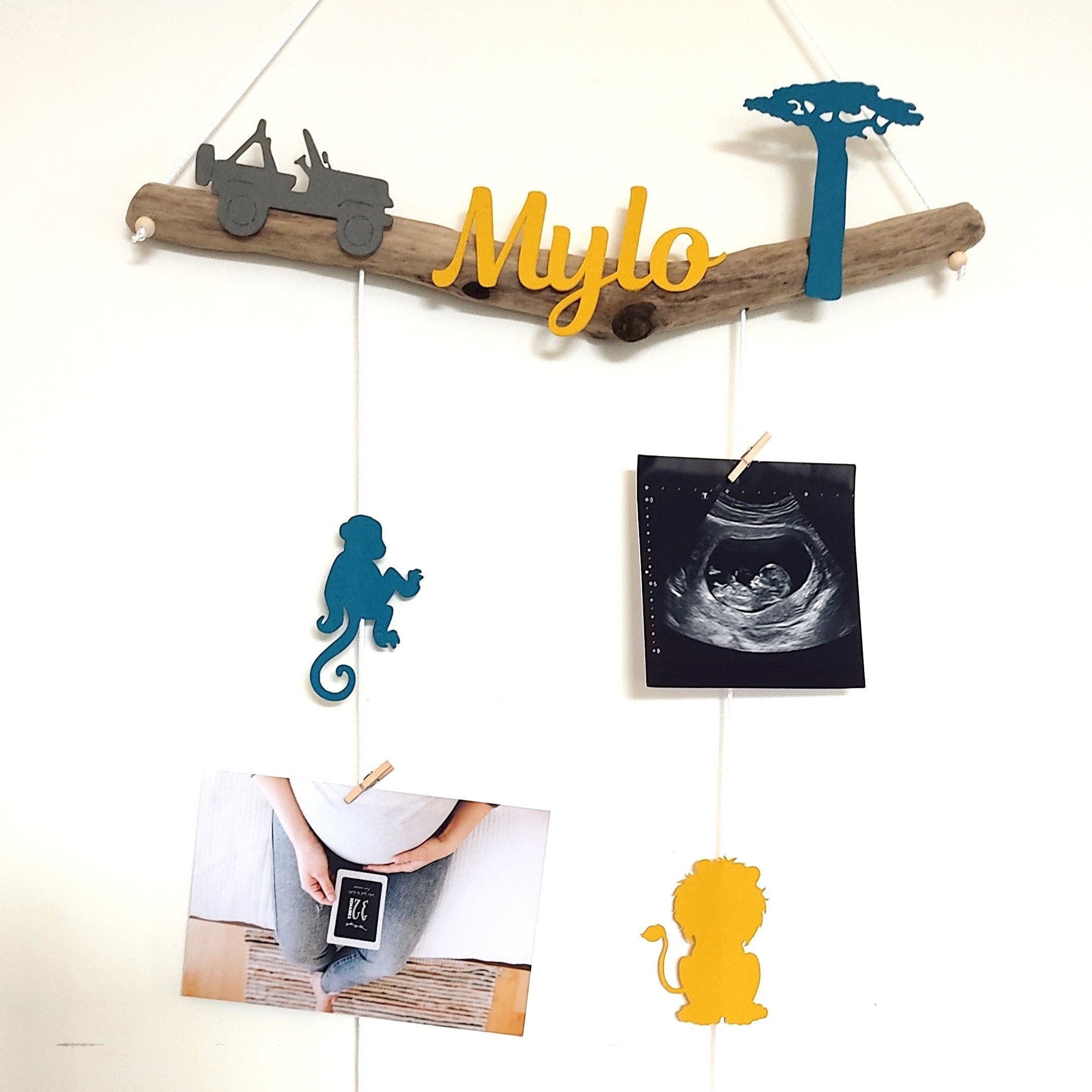Pêle mêle enfant, mobile porte photos, liste naissance, chambre bébé, savane, jungle, girafe, éléphant, singe, lion,