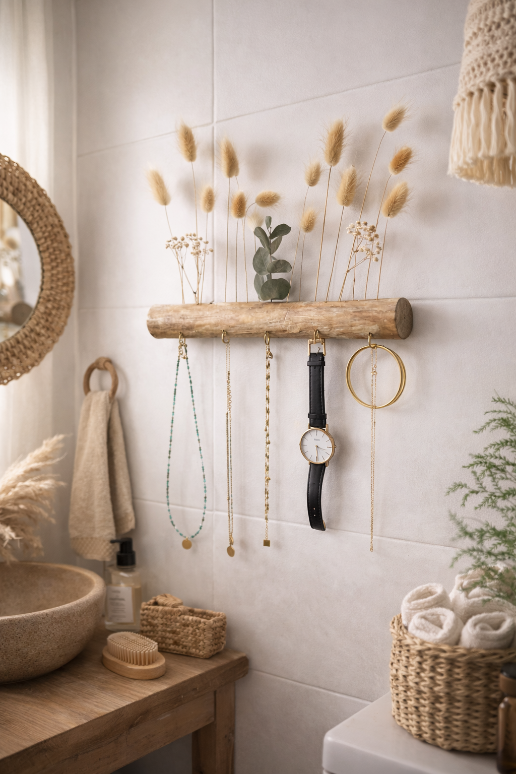 Support bijoux mural - Bois & Fleurs séchées