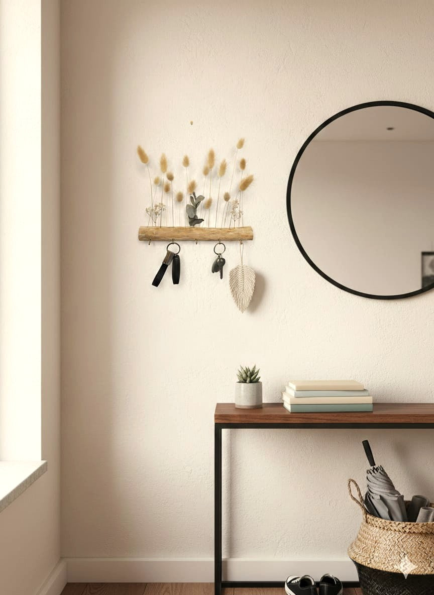 Porte-clés Mural Artisanal en Bois et Fleurs séchées