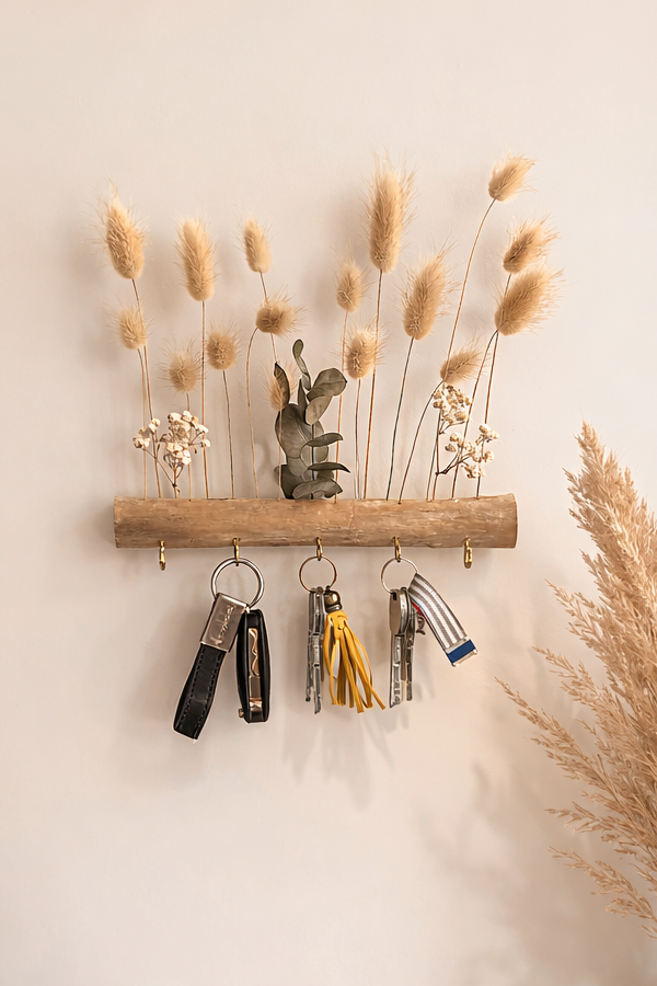 Porte-clés Mural Artisanal en Bois et Fleurs séchées