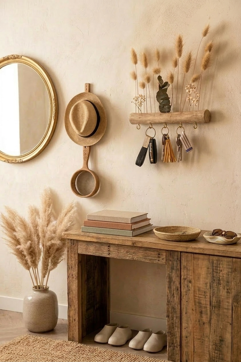 Porte-clés Mural Artisanal en Bois et Fleurs séchées