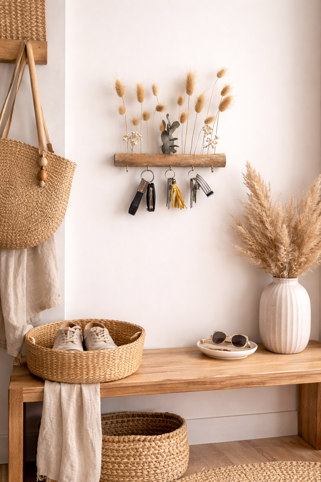 Porte-clés Mural Artisanal en Bois et Fleurs séchées