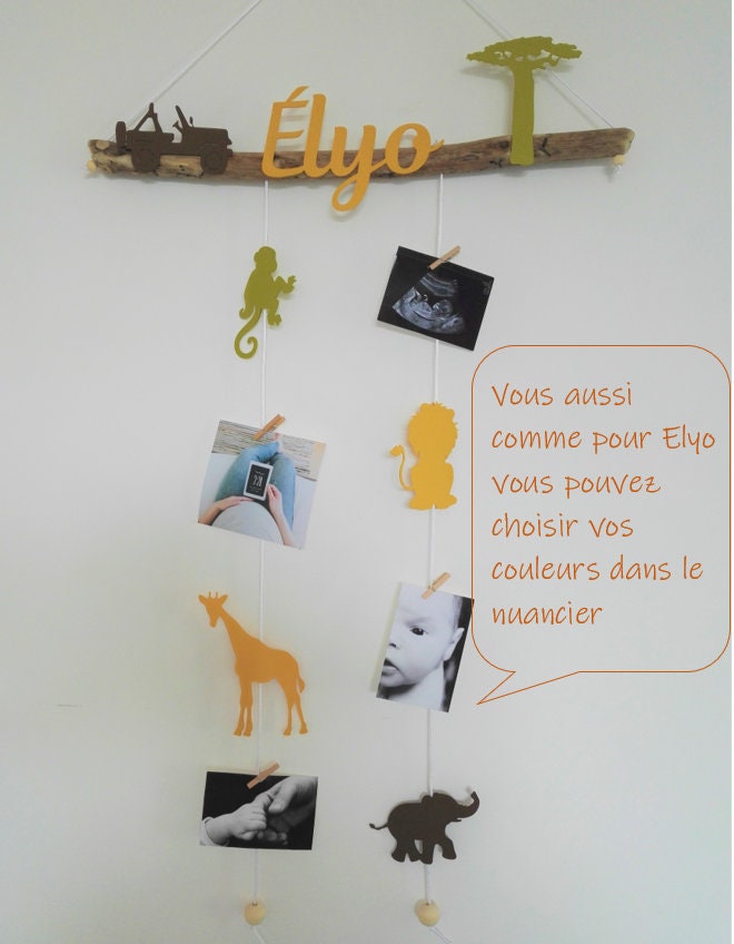 Pêle mêle enfant, mobile porte photos, liste naissance, chambre bébé, savane, jungle, girafe, éléphant, singe, lion,