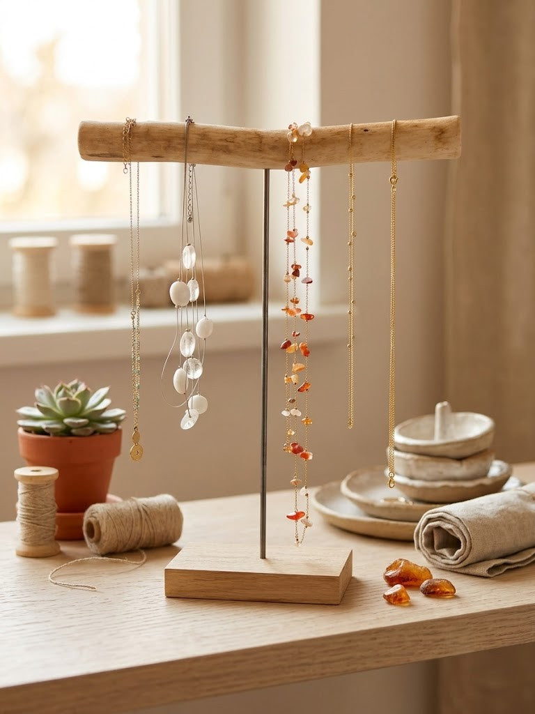 Support à bijoux bois naturel, une tige